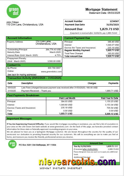 USA Green Dot mortgage statement